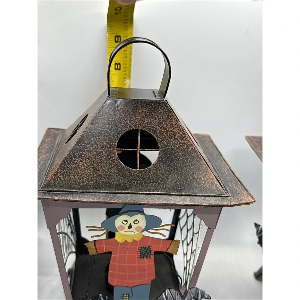 2- Halloween Lantern Tealight Candle Holder Scarecrow & Bats Hollow‎ Metal Cage